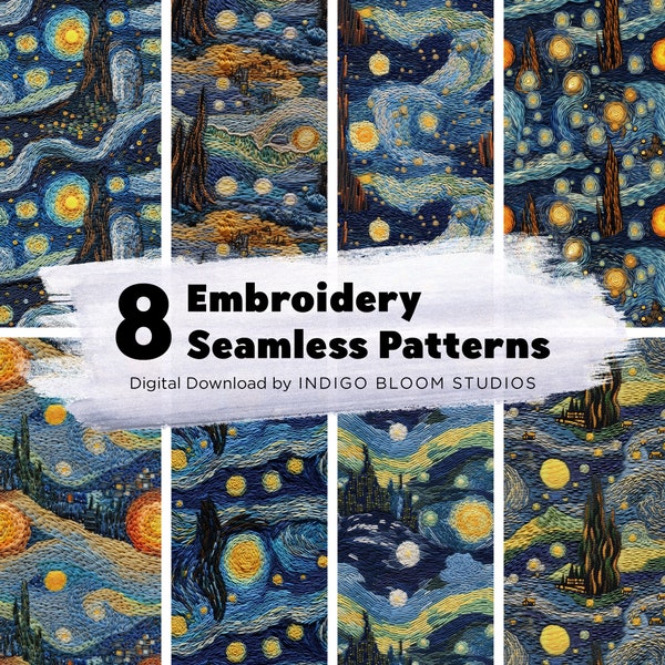 Seamless Pattern Embroidery Landscape Starry Night Van Gogh Sublimation Digital Paper Download Bundle