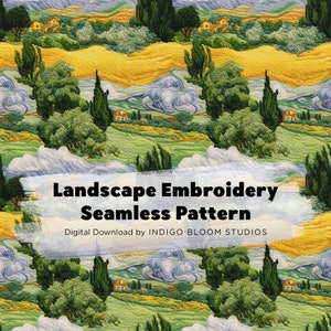 Seamless Pattern Embroidery Landscape Van Gogh Wheat Fields Sublimation Digital Paper Download