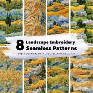 Modello di ricamo senza cuciture Paesaggio Modello senza cuciture Campi di grano Van Gogh Modello di sublimazione Carta digitale Download digitale Pacchetto HD