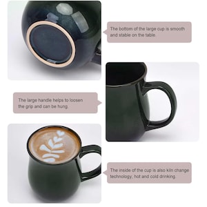20 Oz Large Ceramic Coffee Mug - Handmade Pottery Tea Cup with Big Handle, Microwave & Dishwasher Safe, Stylish Ink Green Glaze, Office image 3