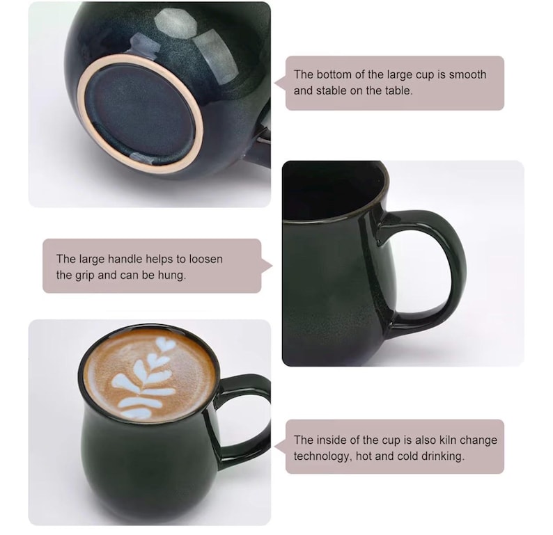 20 Oz Large Ceramic Coffee Mug - Handmade Pottery Tea Cup with Big Handle, Microwave & Dishwasher Safe, Stylish Ink Green Glaze, Office image 3