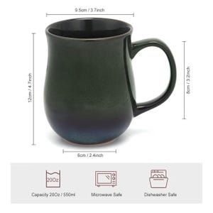 May include: A dark green and black gradient ceramic mug with a curved body and handle. Dimensions are 3.7 inches wide, 4.7 inches high, and 3.2 inches handle height. Features include a 20 oz capacity, microwave safe, and dishwasher safe icons.