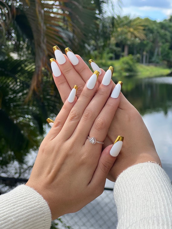 Customizable Press on Nails/ White Base and Gold Chrome French Tip - Etsy
