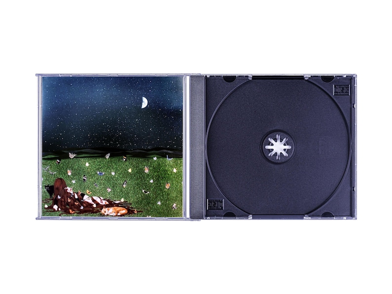 May include: A CD case with a black CD inside. The front cover features a woman lying in a field of grass under a starry night sky with a crescent moon.