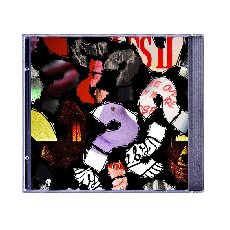 May include: A CD case with a collage of colorful images and question marks. The artwork includes red, purple, and white elements, with the text "ME OVER WHEN YOU'RE BEFORE" visible on one piece.