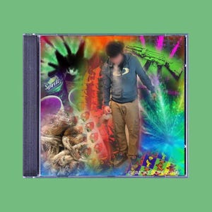 May include: CD case with a colorful, psychedelic design. The artwork features a person in a blue hoodie, a green rifle, and various beverage bottles. The background is a mix of vibrant colors and patterns.