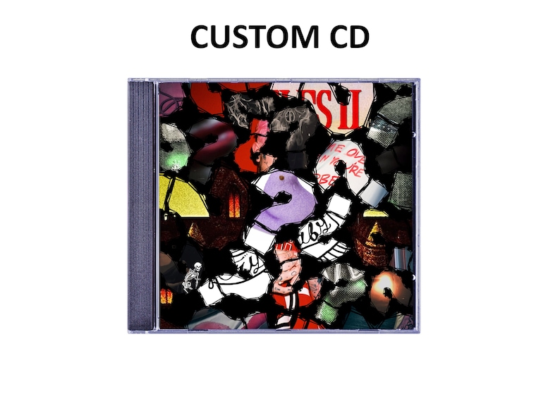May include: A custom CD case with a collage of colorful, abstract images. The CD case is rectangular with a clear front and a dark blue spine. The collage includes question marks, text, and various shapes in shades of red, purple, and white.