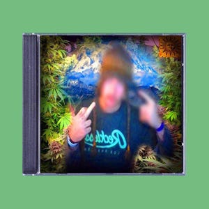 May include: A CD case with a blurred image of a person wearing a black shirt with the text "Rebel Los Angeles" in teal. The background features cannabis plants, mountains, and a sun.