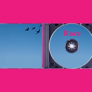 May include: A black CD case with a blue CD inside. The CD has a blue sky with three black birds flying in formation. The CD is labeled "Race" in pink letters.