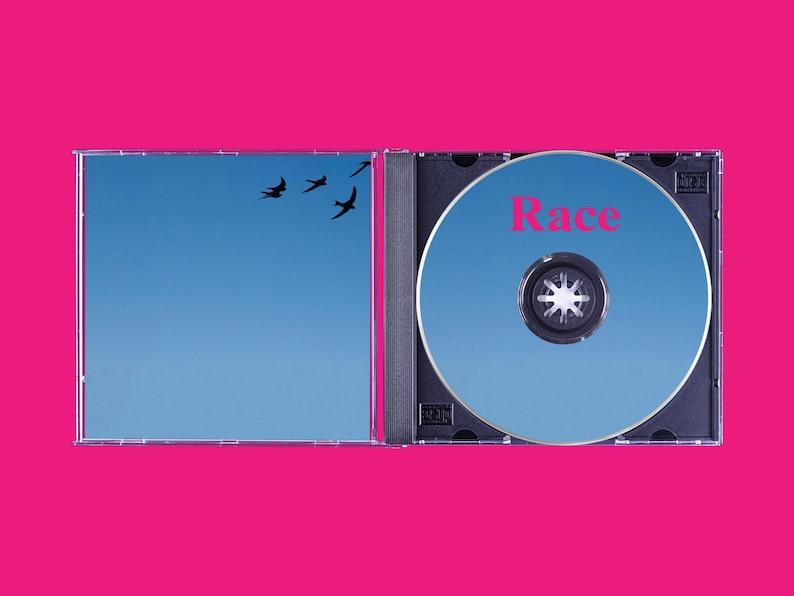 May include: A black CD case with a blue CD inside. The CD has a blue sky with three black birds flying in formation. The CD is labeled "Race" in pink letters.