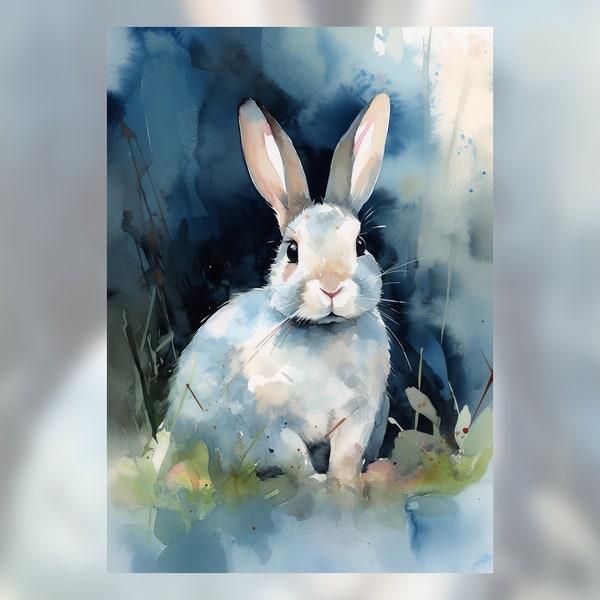 Impression aquarelle lapin blanc, cadeau amateur de lapin, décoration d'intérieur nature, art mural lapin blanc, impression oeuvre d'art animal