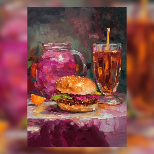 Impression de peinture à l'huile de hamburger gastronomique - oeuvre de restauration rapide - nature morte de hamburger juteux et de thé glacé.