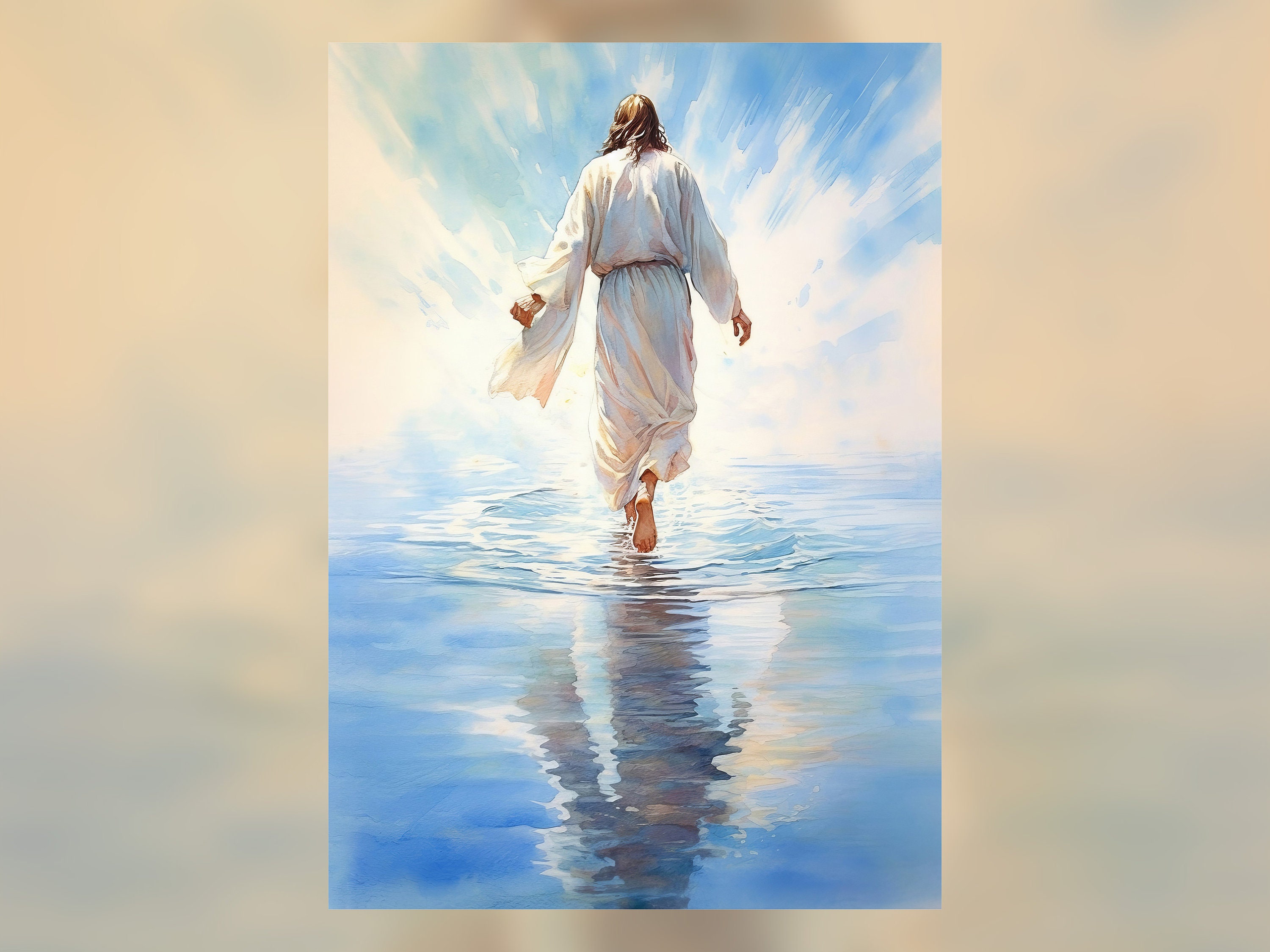Jesus Walking on Ocean Water, Precisionist Watercolor Painting, Light