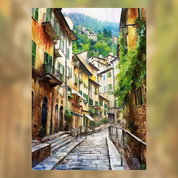 Italian Street Watercolor Painting Print, Impressionist Landscape, European Art, Vintage Scenes, Detailed Realism