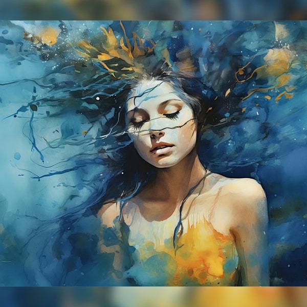 Serene Woman with Flowing Hair Print: Dreamy Watercolor Painting in Dark Cyan and Yellow, Featuring Hyperrealistic Marine Life Elements