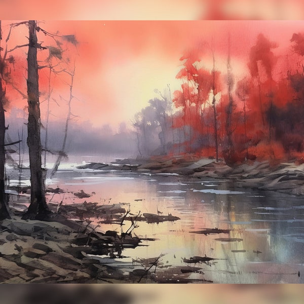 River Radiance - Vibrant River Landscape at Sunset Watercolor Painting Print, Available in Various Sizes