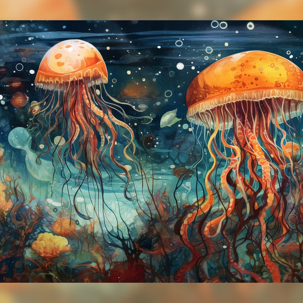 Jellyfish Swimming in Ocean Print: Vibrant Sea Life Painting with Mix of Realistic and Fantastical Elements, Dark Orange and Cyan Artwork