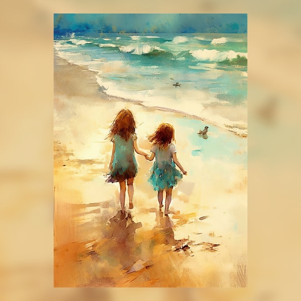 Watercolor Painting Print Of Two Sisters on Beach, Dreamy Scenes, Childlike Innocence and Charm