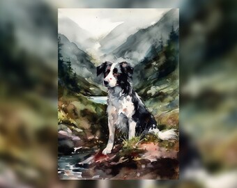 Border Collie in Countryside, Watercolor Painting Print, Nature Themed Art, Available in Various Sizes