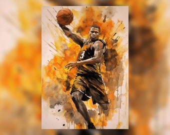 Basketball Player Watercolor Print, Sports Wall Art, Man in Yellow and Black, Abstract Background, Available in Various Sizes