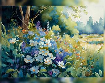 Wilde Blumen wachsen auf einer Wiese - Aquarell Blumen Kunstdruck - Lila und Weiß Blumen