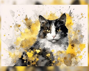 Print of Black and White Cat in Yellow Flowers Watercolor Painting - Animal Wall Art