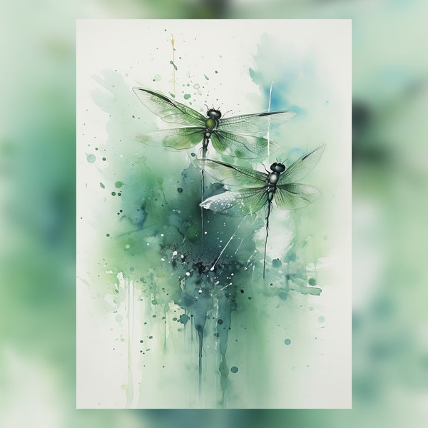 Impression d'art aquarelle libellule - art mural nature teinte verte - insecte abstrait déco botanique