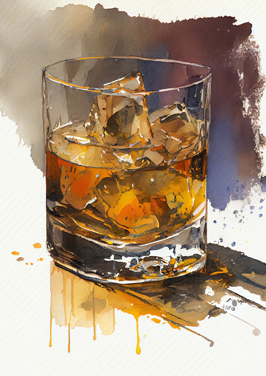 Square Glass of Whisky With Ice Watercolor Painting Print Drink Art