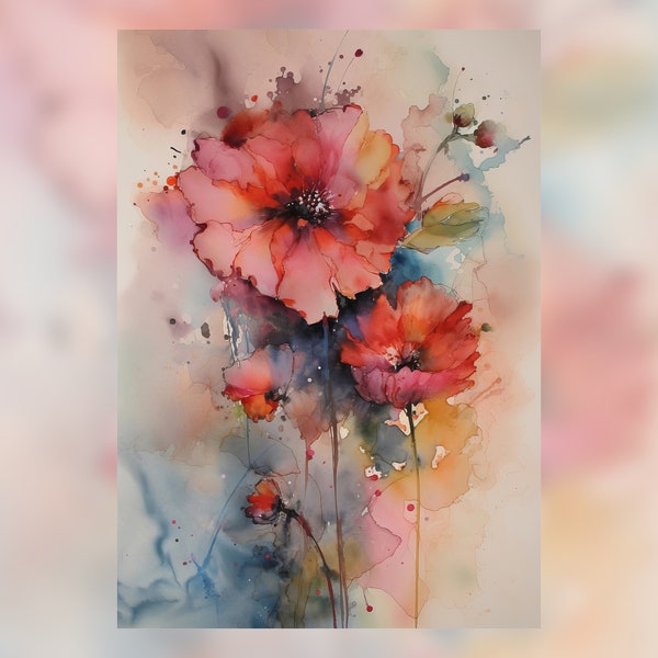 Impression de peinture aquarelle coquelicots - oeuvre d'art floral sans cadre pour décoration intérieure - disponible en plusieurs tailles