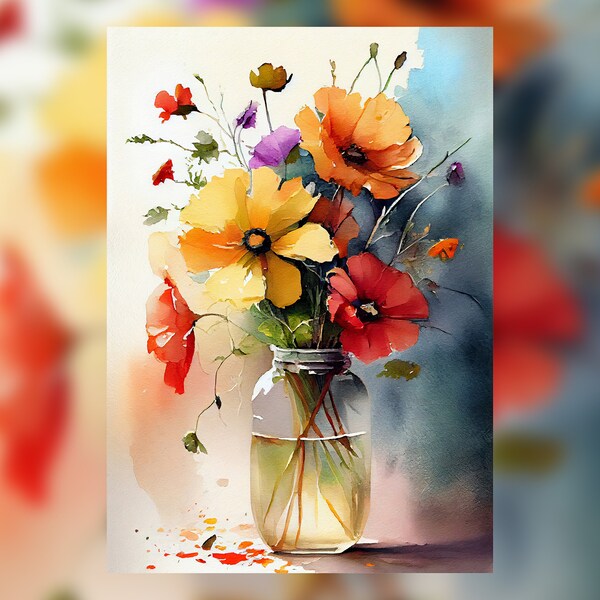 Vibrant Bouquet Watercolor Print - Colorful Floral Jar Painting - Fresh Spring Flowers Wall Art.