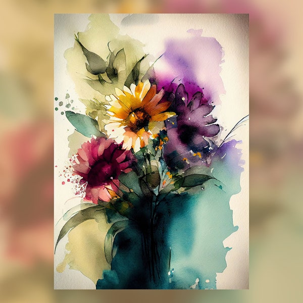 Expressive Watercolor Painting Print, Flowers in a Vase, Dark Magenta, Yellow, Light Teal, Orange, Gentle Expression Various Sizes Available