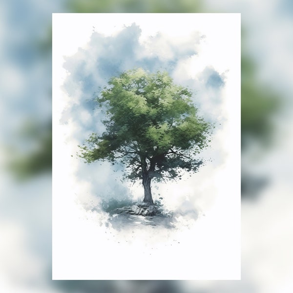 Lone Tree, Watercolor Painting Print, Nature Decor, Minimalist Artwork, Available in Various Sizes