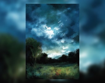 Country Landscape Oil Painting Print, Grass and Trees Under Dark Cloudy Sky, Dramatic Rural Scene, Available in Various Sizes