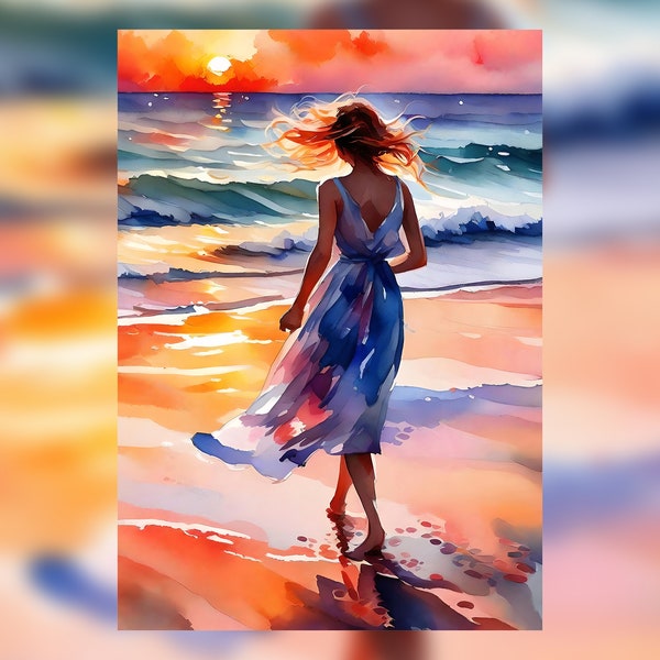 Frau im kurzen Kleid, die bei Sonnenuntergang am Strand spaziert, Aquarellmalerei-Druck, friedliche Meereslandschaftskunst, perfektes Geschenk für Strandliebhaber