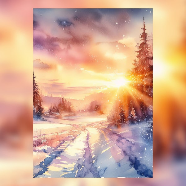 Impression aquarelle lever du soleil d'hiver - peinture paysage enneigé - art mural lumière du matin tranquille.