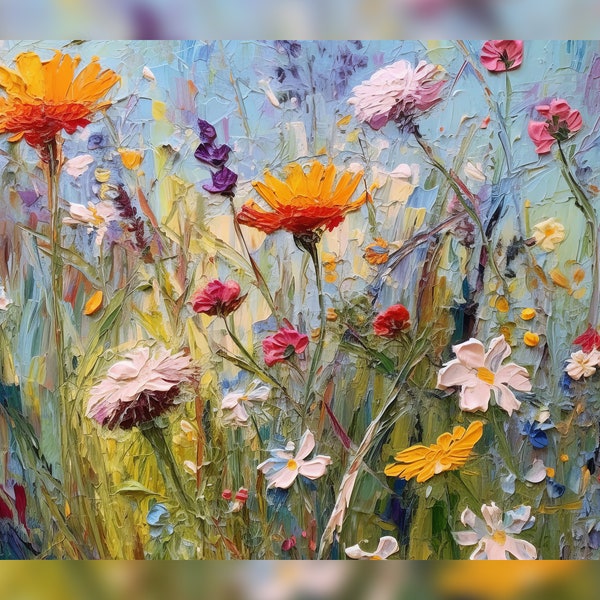 Impression d'empâtements de peinture à l'huile, champ coloré de fleurs sauvages, paysage floral luxuriant, disponible en différentes tailles