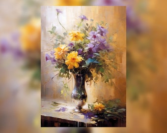 Purple and Yellow Flowers in a Vase, Oil Painting Print, Floral Wall Art, Available in Various Sizes