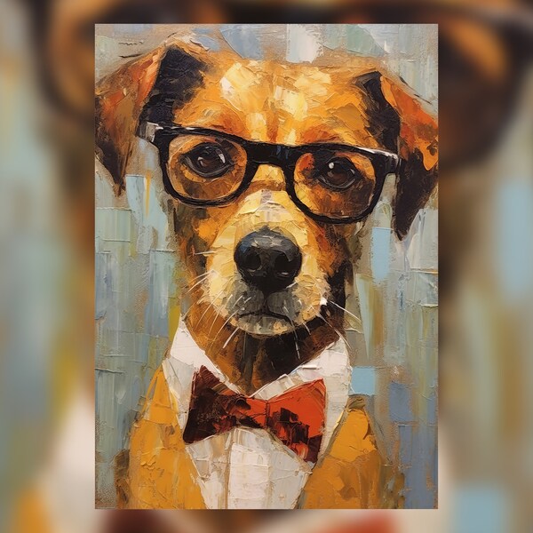 Brown Dog in Black Glasses and Red Bow Tie, Oil Painting Print, Quirky Pet Decor, Available in Various Sizes