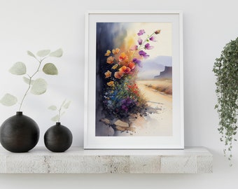 Roadside Bloom - Charming Watercolor Painting Print of a Flowering Plant Growing on the Side of a Road. Perfect for Home Décor or Gift.