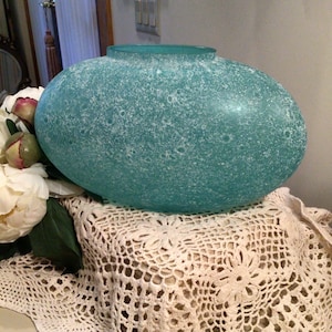 Vintage TURQUOISE GLASS VASE/ 1970’s/13”Wide 7 1/2” Tall/Rare