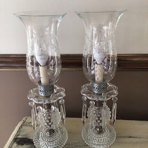 Vintage Crystal Hobnail Lamps: Etched Shade, Crystal Prisms, 16" Tall