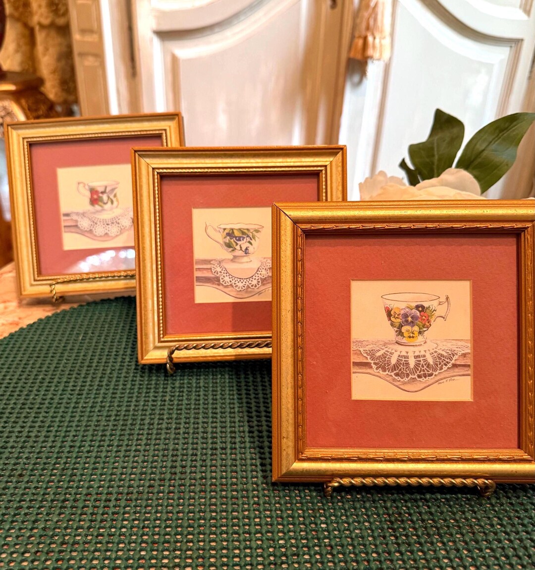 Vintage Set of 3 Framed Teacup Art Prints by Artist ARNIE R. FISK 6 1/4 ...