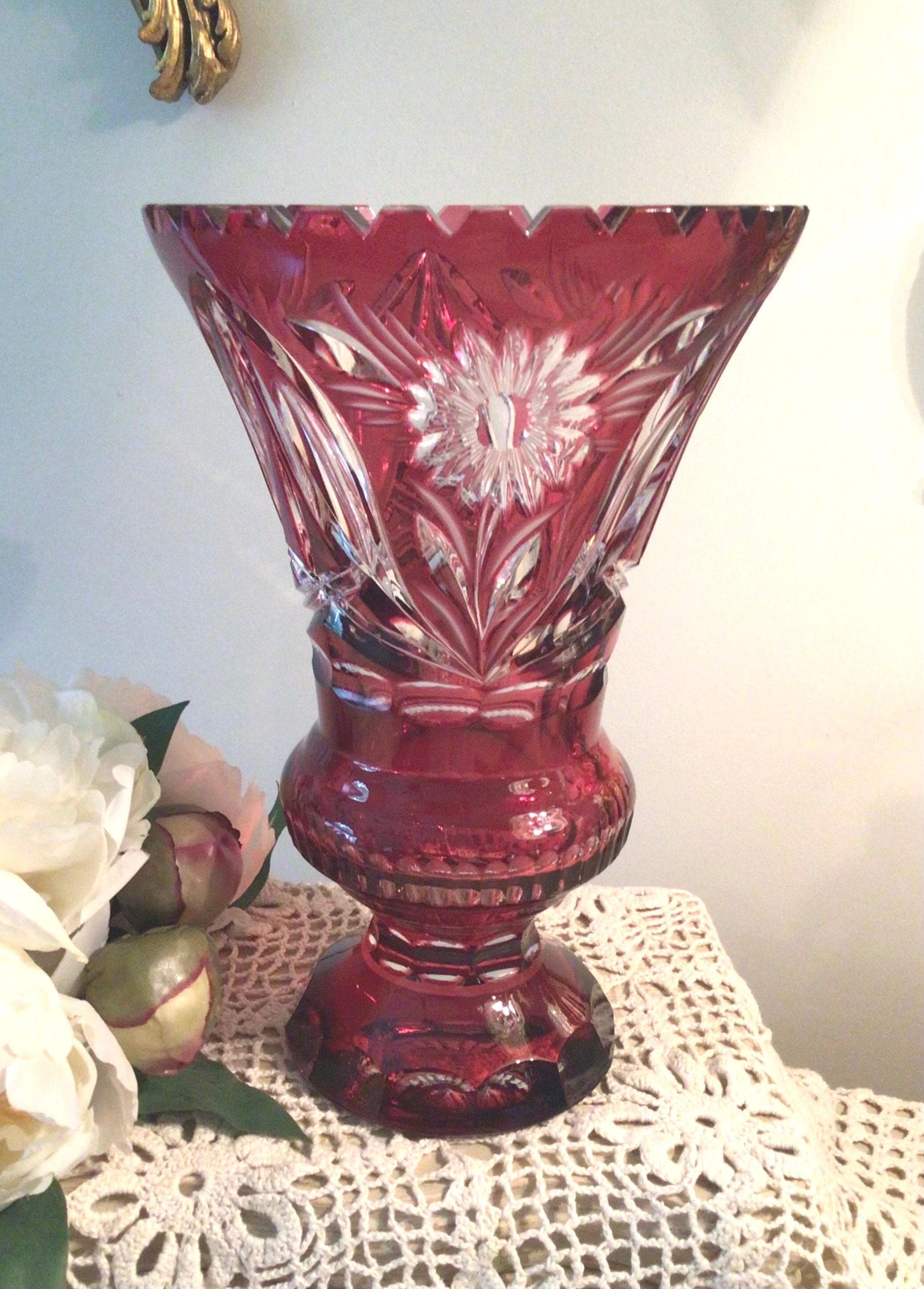 Etched Cranberry Crystal Vase: Diamond Cut German Bleikristall