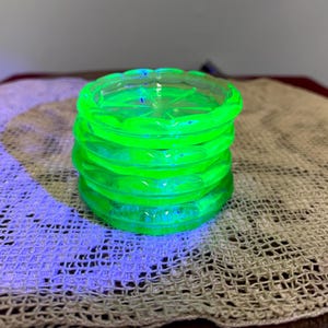 Set Of 4 URANIUM Vaseline GLASS COASTERS, 3 3/4” Wide Jeanette Glass Co. Glowing