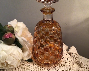 Vintage Rare CRYSTAL AMBER DECANTER Thumbprint Square Design With Stopper Whiskey/ Bourbon Decanter
