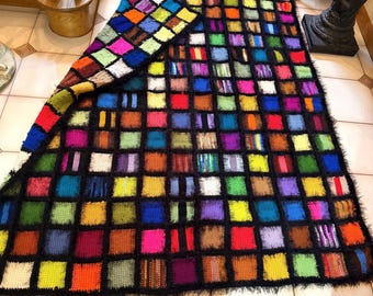 Vintage Vibrant HANDMADE CROCHET AFGNAN/Blanket Checkerboard Patchwork Design
