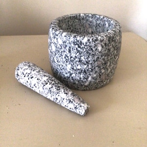 GRANITE MORTAR And PESTLE Set  Bowl Shaped 5” Wide 4” High Vintage