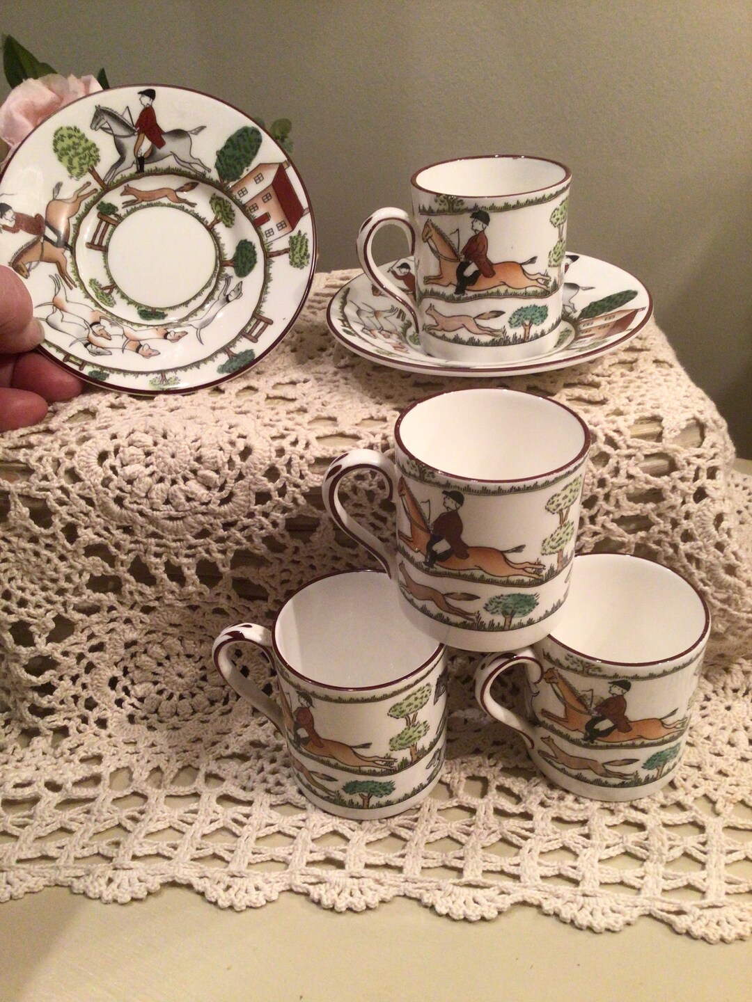 4 CROWN STAFFORDSHIRE COALPORT Hunting Scene Demitesse Cups and 2 ...