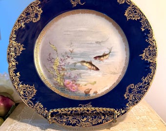 Antique Theodore Haviland LIMOGES FISH PLATE 9” Signed J. Martin, 1890’s Cobalt Blue Wall Plate, Cabinet Plate, Victorian Decor >