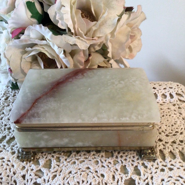 VINTAGE ONYX JEWELRY Box Mid Century/1950’s/ Olive Green/Burnt Umber Veins